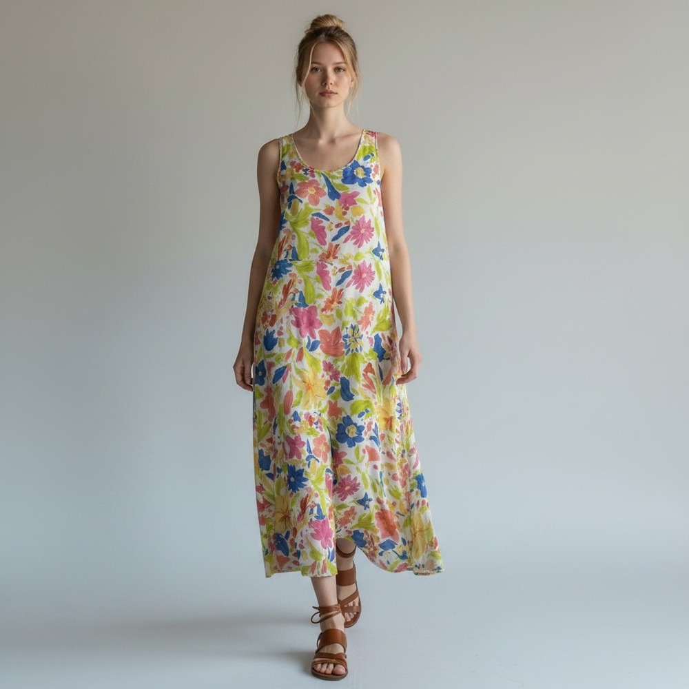 Watercolor Floral Tank Maxi Dress Sleeveless Retro Boho Garden Party Casual 14